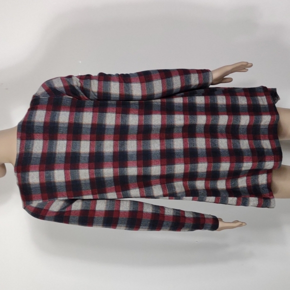 Women's Grace & Emma Medium tan & burgundy plaid waterfall open front ca… - Picture 5 of 9